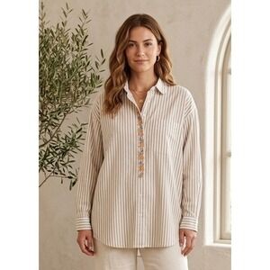 Mixed Blues Striped Floral Embroidered Long Sleeve Shirt Women's Large Vacation